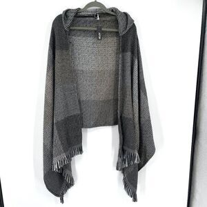 Apt 9 hooded open front fringe poncho black, grey,‎ tan, white color OS NWT